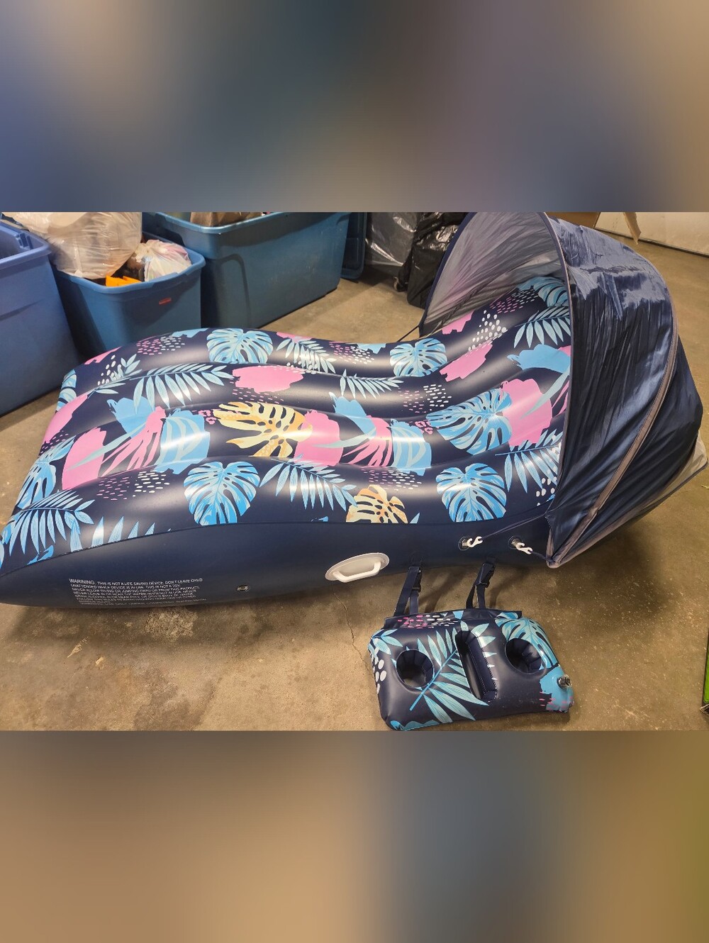 EUC Inflatable Ergonomic Adult Beach Lounger Tropical Leaf Print, Navy Pink Teal - Picture 2 of 15